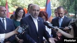 Bright Armenia leader Edmon Marukian speaks with journalists in Yerevan on June 11.