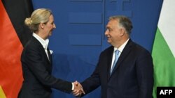 გერმანელი ულტრამემარჯვენეების, პარტიის "ალტერნატივა გერმანიისთვის" ლიდერი ალის ვაიდელი (მარცხნივ) და უნგრეთის პრემიერი ვიქტორ ორბანი. ბუდაპეშტი, 2025 წლის 12 თებერვალი. 
