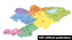 Кыргызстандагы бир мандаттуу 36 округдардын картасы. Борбордук шайлоо комиссиясы чийген схема.