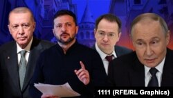 Түркиянын президенти Эрдоган, Украинанын лидери Зеленский, Орусиянын президенти Путин жана анын жардамчысы Мединский (коллаж сүрөт)