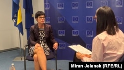 European Enlargement Commissioner Marta Kos speaks to RFERL's Balkan Service in Sarajevo on September 23. 