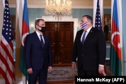 U.S. Secretary of State Mike Pompeo meets with Azerbaijani Foreign Minister Ceyhun Bayramov at the State Department in Washington on October 23.