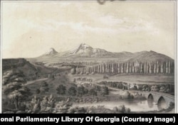 არარატის ხეობის ხედი ერევნის ციხიდან. დღეს იმ ადგილას, საიდანაც დიუბუა ამ ხედს ხატავდა დანგრეული ციხის ნაცვლად კონიაკის ქარხანა დგას.