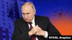 Коллаж: Президент РФ В. Путин и дроны, атакующие Москву