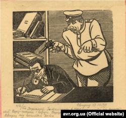 Дереворит «Інтелігенти в СССР працюють під диктатом» у виконанні учня «Свирида» під наглядом Ніла Хасевича. Дата створення: 17 жовтня 1949 року