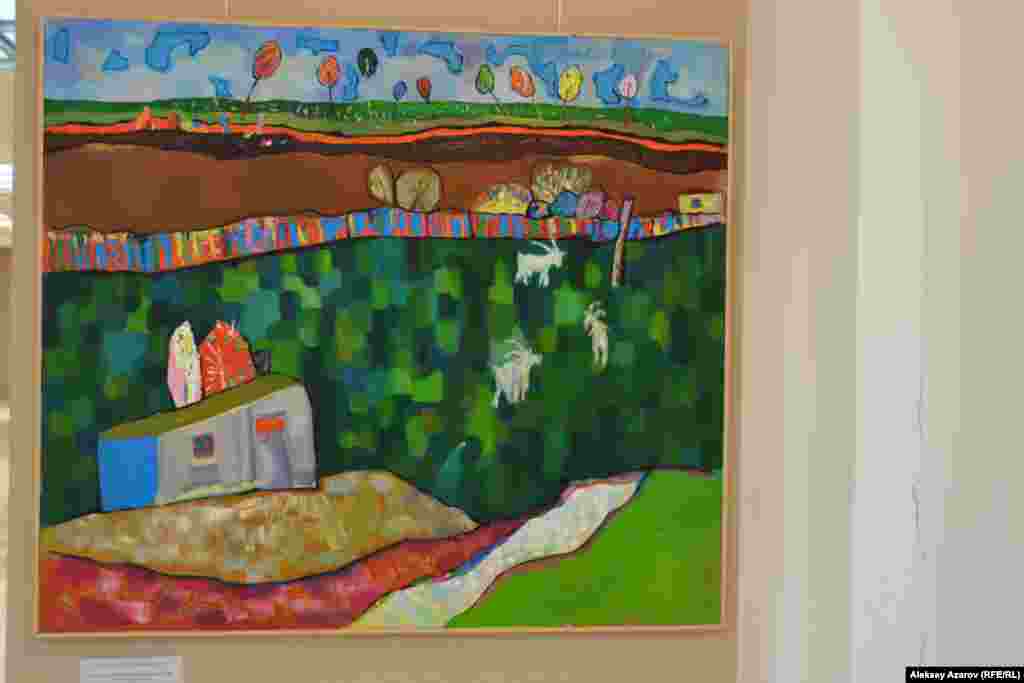 В названии нескольких работ есть слова, обозначающие те или иные отрезки времени &ndash; весна, детство, ночь. И они точно подходят под первую часть названия выставки &ndash; &laquo;Художник и время&raquo;. Эта работа художника из Атырау Рафаэля Слекенова называется &laquo;Счастливое время&raquo;. В одном из интервью он сказал: &laquo;Картины я <&hellip;> пишу, опираясь на сердце. Они не должны нести в себе политику или навязывание. Мои картины оптимистические&raquo;. Так оно и есть, судя по этой работе.