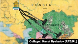 Доллардын Борбор Азия мамлекеттеринен Орусияга ташылып жатканын чагылдырган коллаж.  