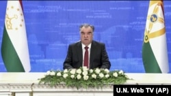 Tajik President Emomali Rahmon remotely addresses the 76th session of the United Nations General Assembly in a prerecorded message on September 23.