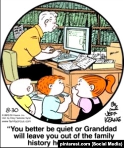 “Тынч отурсаңчы, болбосо чоң атабыз сени өзү жазып жаткан үй-бүлөлүк санжырадан чийип салат!” Жефф Киин тарткан азил сүрөт.