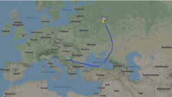 Ruta aviona Antonov 24 „Ruslan“ kojim je iz Rusije u Srbiju dopremljena završna isporuka raketnog sistema "Pancir S1", 3. mart 2020.