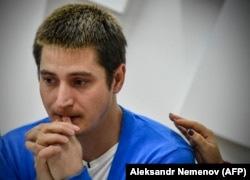 Maksim Lapunov at his press conference in Moscow on October 16, 2017. "Everyone accused me of being gay and said that people like me should be killed," he said.