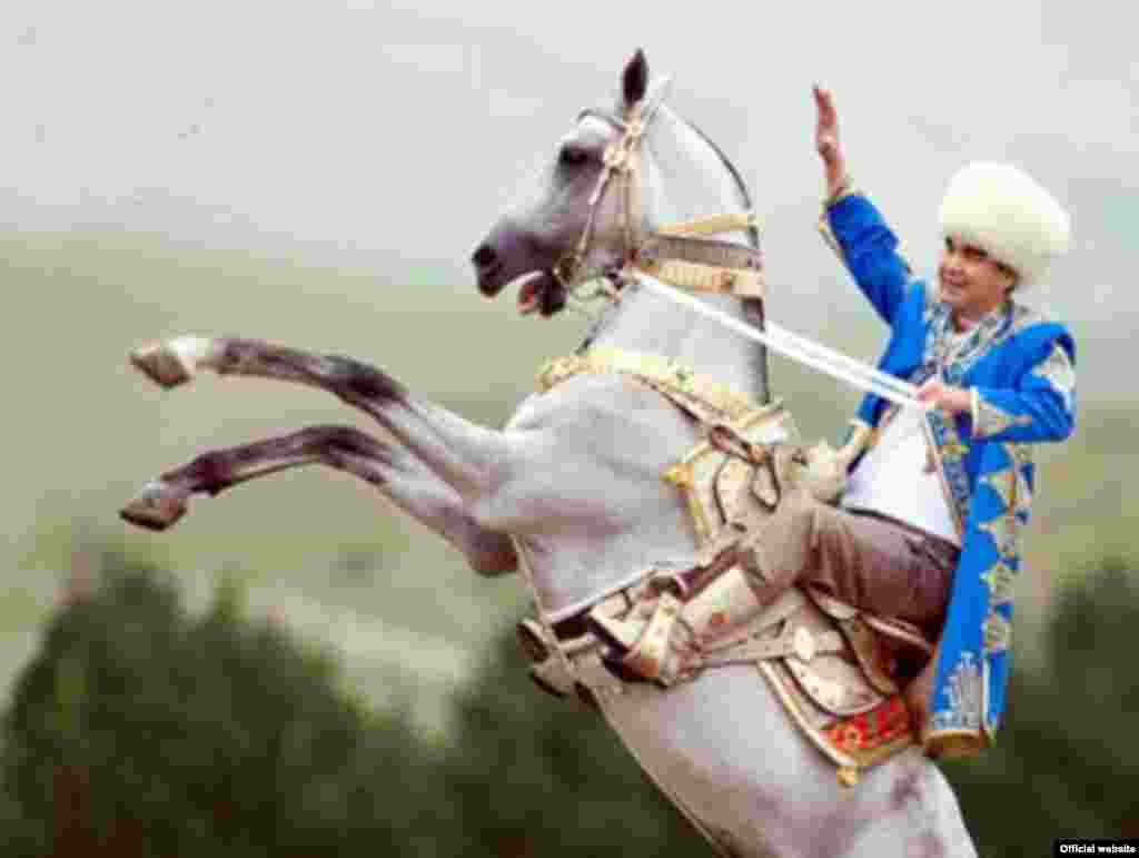 No Turkmen presidency is complete without a photo on a horse. Here, Berdymukhammedov is pictured&nbsp;astride a white Akhal-teke stallion. Other&nbsp;equestrian portraits up the ante by adding a&nbsp;white dove landing on the president's shoulder.