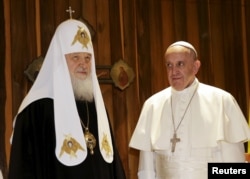 Pope Francis (right) looks at Russian Orthodox Patriarch Kirill during a meeting in Havana, Cuba, in 2016.