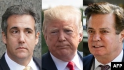 A combo photo shows (left to right): Michael Cohen, U.S. President Donald Trump, and Paul Manafort
