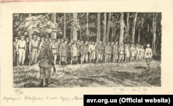 Дереворит «Новобранці в УПА» у виконанні Ніла Хасевича. Зображено новобранців у строю на галявині лісу. Дата створення: 30 січня 1949 року