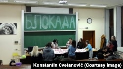 Students hold a blockade of the Physics Faculty in Belgrade in January.
