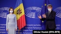 Președinta R. Moldova, Maia Sandu, și președintele Parlamentului European, David Sassoli, 19 ianuarie 2021