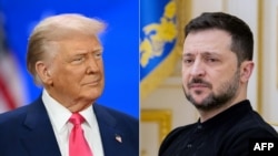 În acest colaj, Donald Trump este înfățișat într-o fotografie din 22 februarie 2025, iar Volodimir Zelenski într-o fotografie din 12 februarie 2025