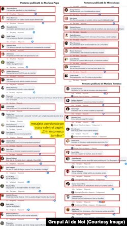 Boți detectați de Grupul Ai de Noi, cu comentarii la postările celor trei pagini false de Facebook.