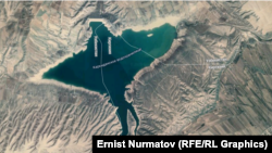 Керкидан суу сактагычы. Картадан көрүнүп тургандай кыргыз-өзбек чек арасы суунун ортосунан өтөт. Жерлер демаркацияланып бүтсө, чек ара Кыргызстандын аймагына карай жылат. Google картадан алынган скриншот.
