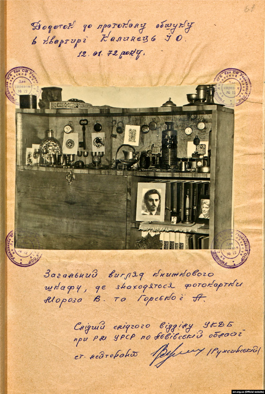 Додаток до протоколу обшуку в квартирі Ірини Калинець від 12 січня 1972 року