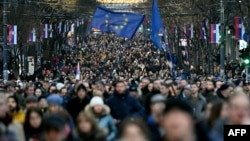 Zastava EU na masovnom skupu na Slaviji, u jednom trenutku izazvala je manji incident, 22. decembar 2024.