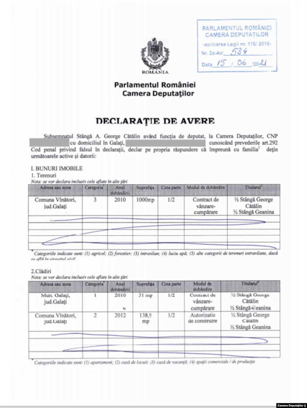 Wealth declaration George Catalin Stângă, Romanian deputy 