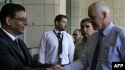 A UN Syrian staff member welcomes Swedish scientist Ake Sellstrom (right) at a hotel in Damascus on July 24.