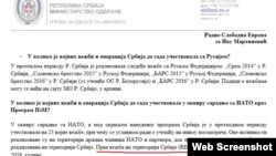 Faksimil dopisa Ministarstva odbrane upućenog RSE, u kome se najavljuje vojna vežba u saradnji sa NATO-om za 2018. Dopis nam je upućen pre nego što je u pismu od srede iz kabineta ministra Aleksandra Vulina sugerisano da se REGEX-18 vežba ne može označiti kao NATO vežba
