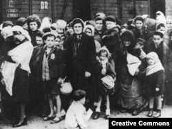 Группа венгерских евреев после прибытия в концлагерь Аушвиц (Освенцим), лето 1944 г.