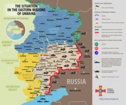 A December 6 map showing the security situation in eastern Ukraine, according to the National Security and Defense Council.