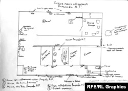 A map drawn by Lapunov of what he says is the cellar in which he was confined and beaten by police in Chechnya