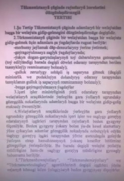Türkmenistanyň çäginde raýatlaryň hereketini düzgünleşdirmegiň Tertbiniň Azatlyk Radiosyna gowşan nusgasy