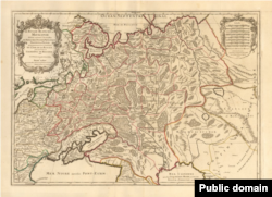 Карта Московії з лінійним кольоруванням, надрукована Юбером Жайо в кінці 16-го століття (це пізніше видання 1717 року). Навіть після поразки визвольних зусиль гетьмана Івана Мазепи, на європейських картах Україна не є частиною Московії