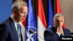 Прем’єр-міністр Угорщини Віктор Орбан слухає виступ генерального секретаря НАТО Єнса Столтенберґа під час пресконференції в Будапешті. 12 червня 2024 року