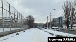 Тротуар на вулиці Толстого в Сімферополі вже кілька днів чекає своєї черги на обробку реагентами. Крим, 10 лютого 2025 року