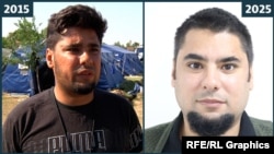 Кемал Ел Шаири во бегалскиот центар Кањижа на северот од Србија, 28 август 2015 година, и на неодамнешна фотографија.