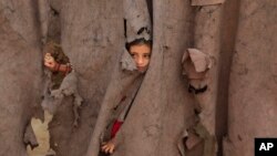 یوه افغانه نجلۍ د پېښور د کبابیانو په کیمپ کې د خپل کور د وره له پردې بهر ګوري - د اپرېل اتمې انځور.