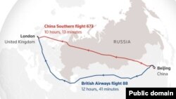 Сравнение маршрутов и времени в пути из Лондона в Пекин в наши дни с авиакомпаниями China Southern и British Airways