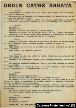 Ordinul generalului Ion Antonescu în baza căruia România s-a alăturat Operațiunii Barbarosa prin care Germania nazistă a atacat Uniunea Sovietică.