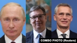 Predsednici Rusije i Srbije Vladimir Putin i Aleksandar Vučić i generalni sekretar NATO Jens Stoltenberg - combo photo.
