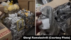 კადრები „გორგიას“ თანამშრომლის მიერ გადაღებული ვიდეოდან, რომელშიც ჩანს დასაწყობებული სათვალეები, ნიღბები და პირბადეები.