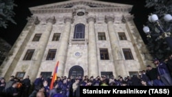 ARMENIA - Angry protesters gather outside the parliament building in Yerevan, November 10, 2020.