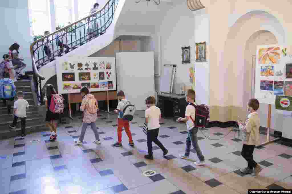 Children during the first day back at school in Romania.