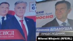 Predizborni plakati za predsjednika RS: (lijevo) Siniša Karan, kandidat SNSD iza koga stoji Milorad Dodik, (desno) Branko Blanuša, kandidat SDS, Banja Luka, 11. novembra 2025.