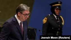 Predsednik Srbije Aleksandar Vučić tokom obraćanja na 80-oj sednici Generalne skupštine Ujedinjenih nacija u Njujorku, 24. septembar 2025. 