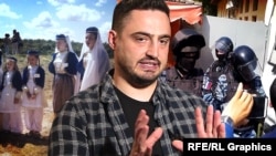 Колаж. Сулейман Мамутов. Ліворуч – караїми в національному вбранні, праворуч – ФСБ