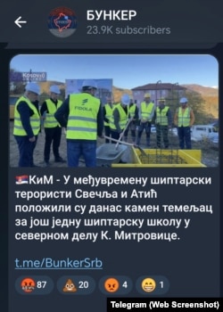 Objava na Telegram kanalu Bunker o izgradnji škole u Severnoj Mitrovici po kosovskom sistemu