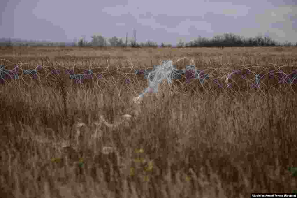 Оптичко влакно што се користи за далечинско управување со руски беспилотен авион FPV се гледа до позицијата на украински војник во близина на градот Часив Јар во Донецката област, 25 октомври 2025 година.