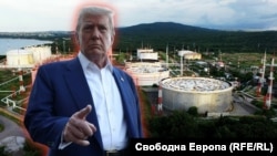 Президентът на САЩ Доналд Тръмп на фона на рафинерията на „Лукойл Нефтохим Бургас“. Колаж: Свободна Европа